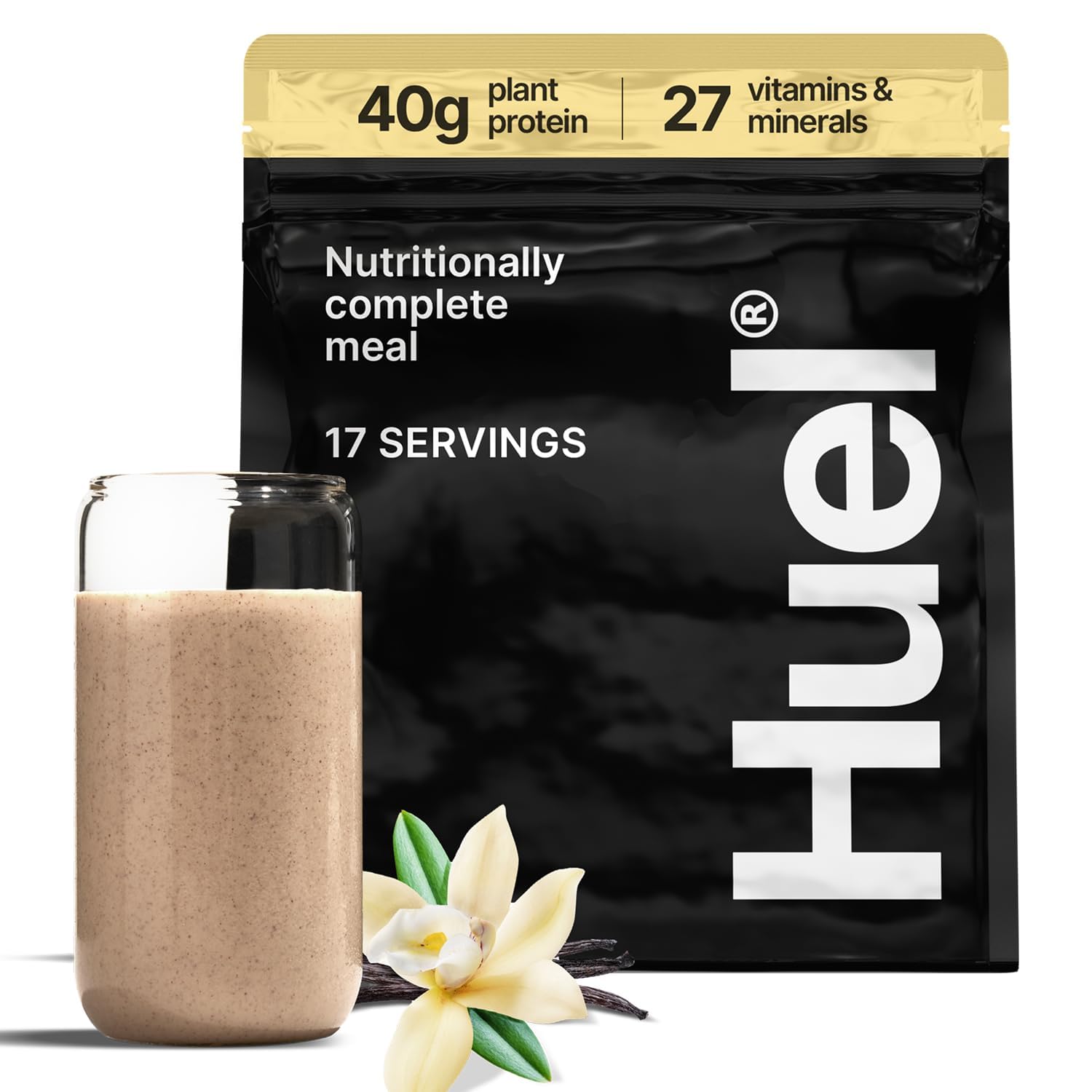 Huel Black Edition vainilla empaque frontal mostrando diseño y peso