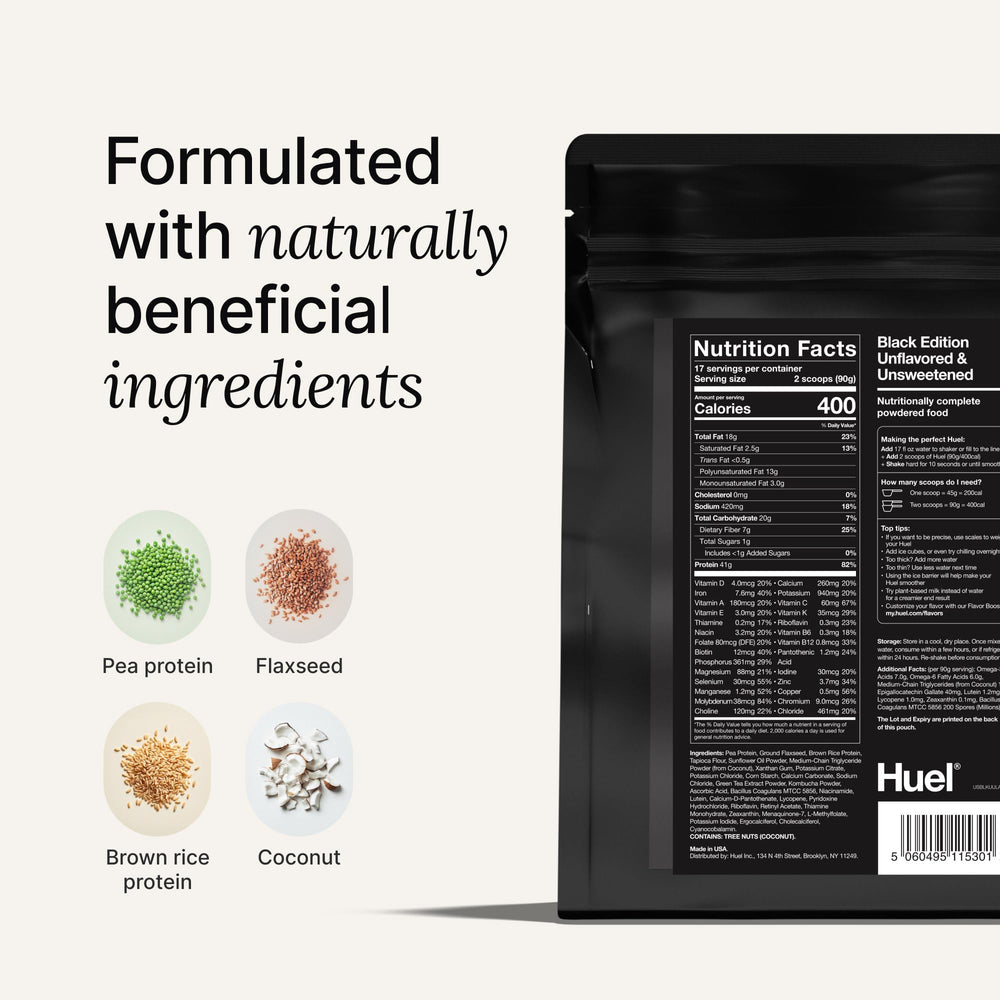 Huel Black Edition vainilla batido servido en vaso, listo para consumir