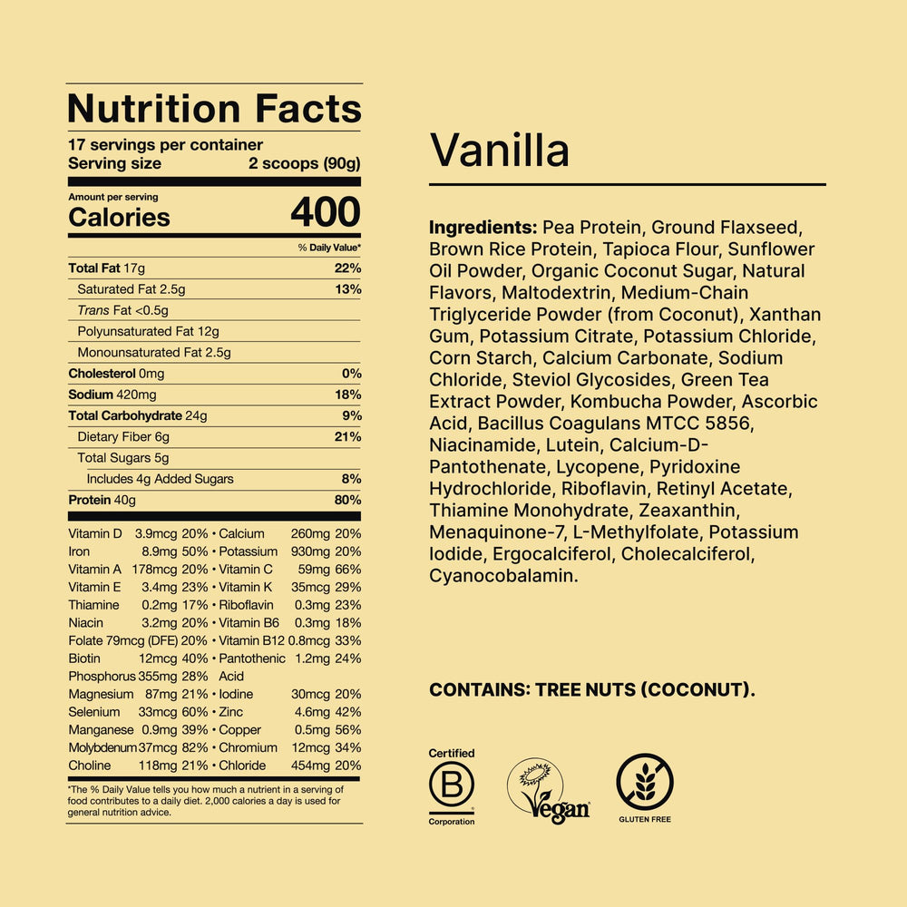 Huel Black Edition vainilla envase junto a una mano para comparar tamaño