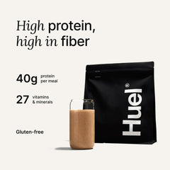 Huel Black Edition vainilla textura del polvo en primer plano, mezcla fácil
