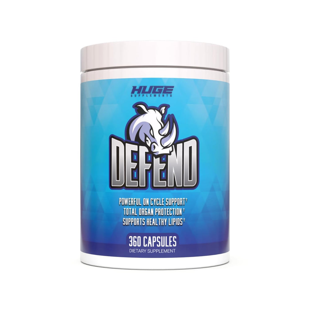 Huge Supplements envase frontal de Defend Cycle Support mostrando 360 cápsulas y beneficios
