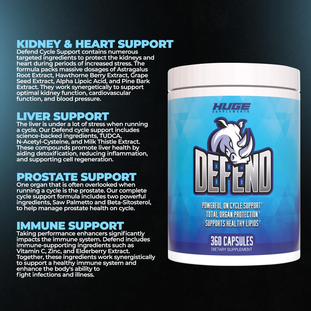 Ingredientes clave TUDCA y NAC en frasco Defend de Huge Supplements resaltando protección hepática
