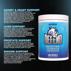 Ingredientes clave TUDCA y NAC en frasco Defend de Huge Supplements resaltando protección hepática