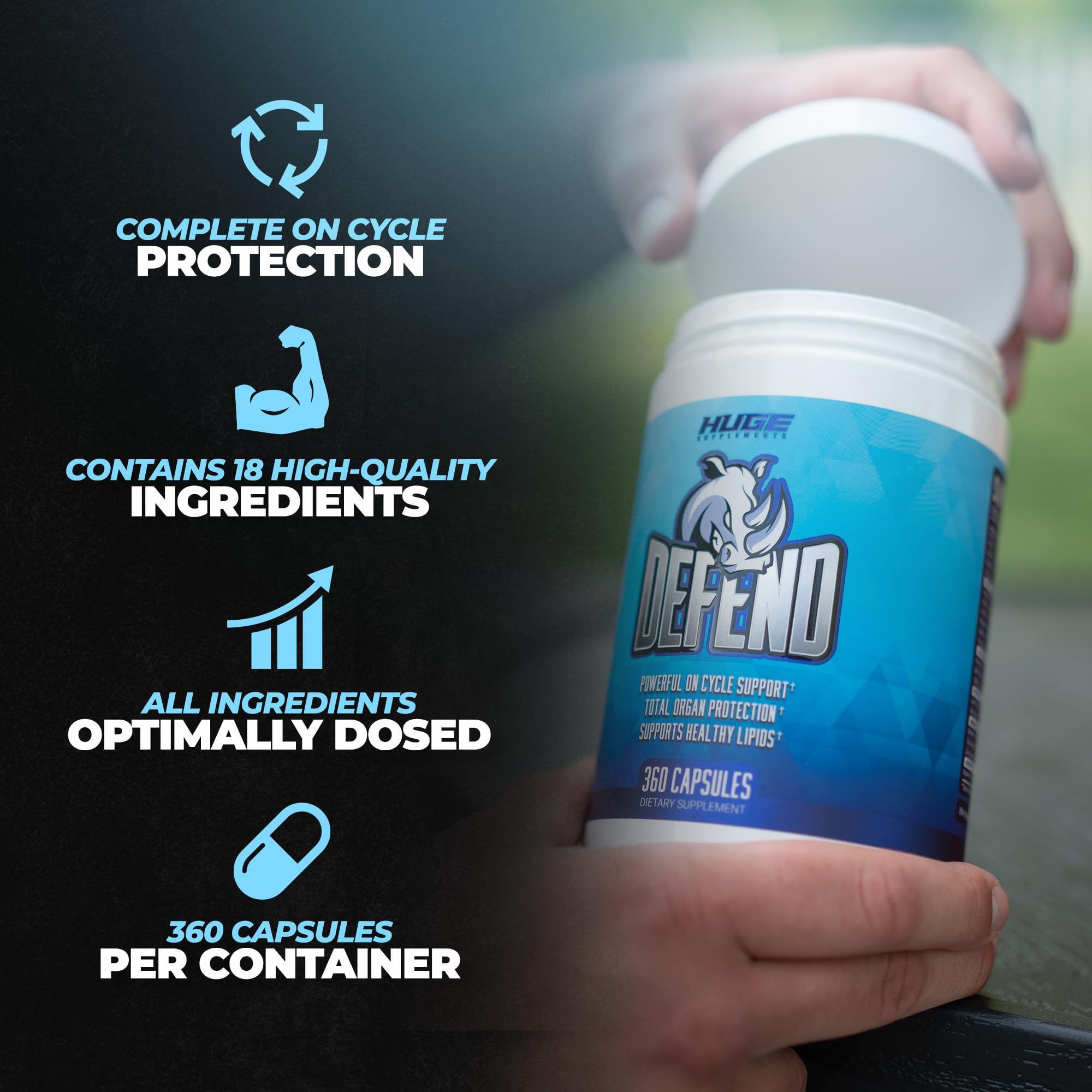 Comparación de tamaño del bote Defend Cycle Support de Huge Supplements mostrando 360 cápsulas
