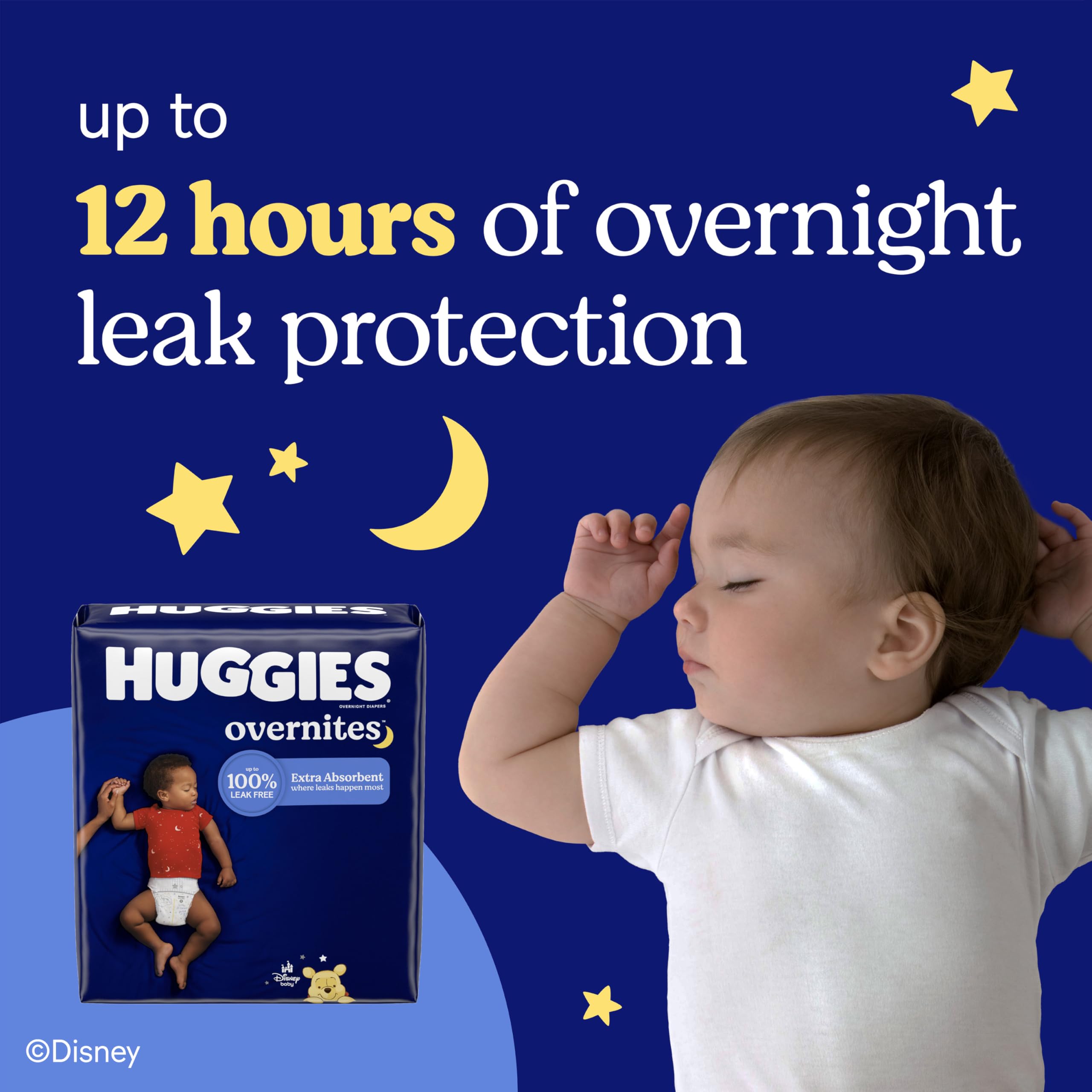 Huggies Overnites pañal puesto en cuna durante la noche mostrando uso real