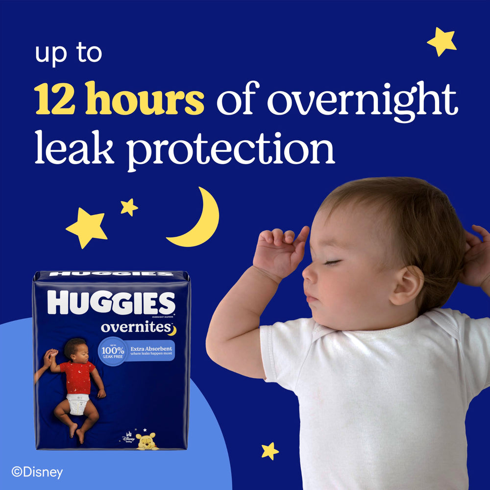Huggies Overnites pañal puesto en cuna durante la noche mostrando uso real