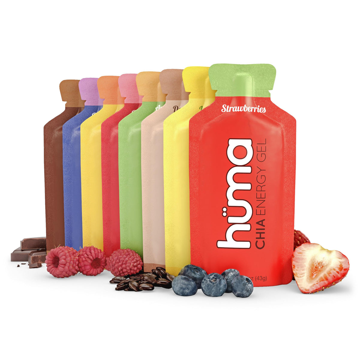 HÜMA CHIA energy gel frente del paquete mostrando variedad y conveniencia