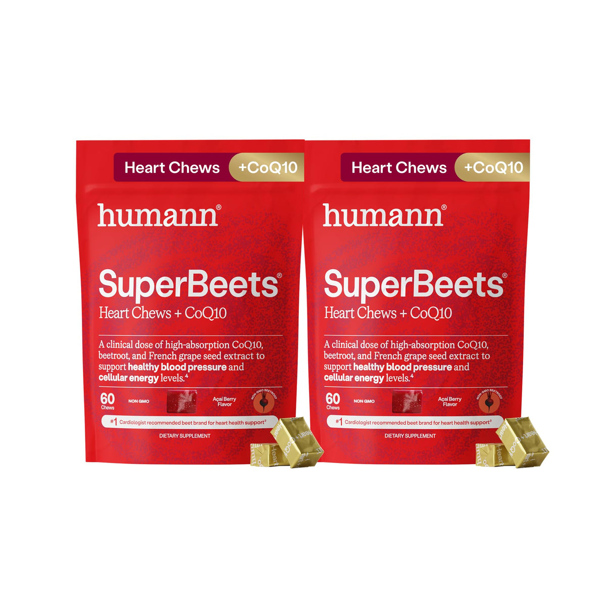 HumanN SuperBeets frente del envase mostrando 120 masticables y beneficio práctico