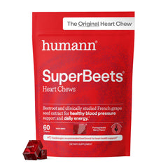 HumanN empaque frontal de SuperBeets Heart Chews mostrando 60 masticables y beneficio portable