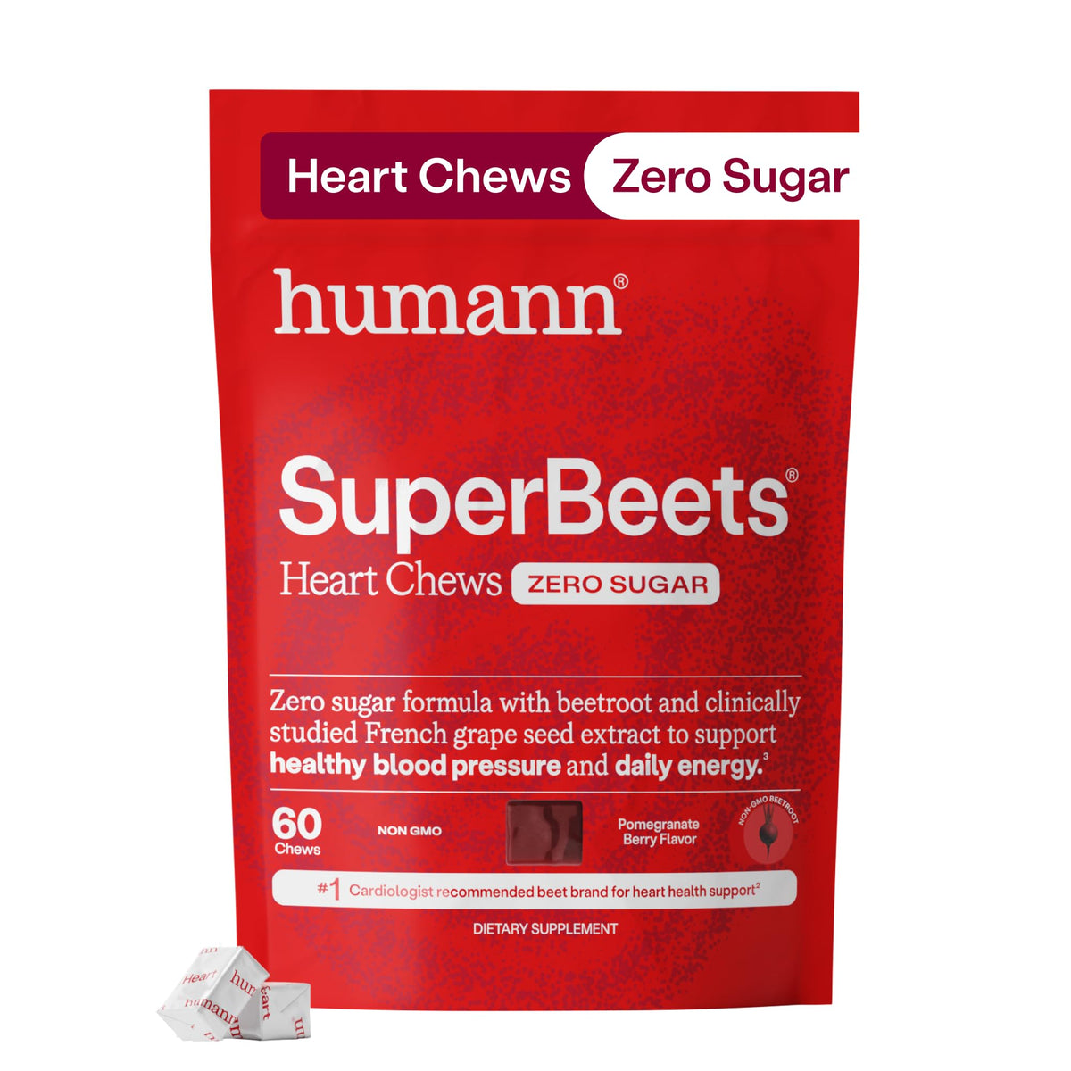 HumanN envase frontal de SuperBeets Heart Chews mostrando 60 unidades y beneficio de portabilidad