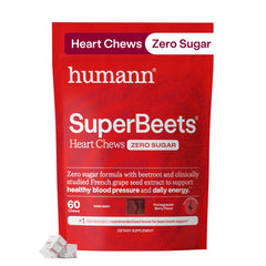 HumanN envase frontal de SuperBeets Heart Chews mostrando 60 unidades y beneficio de portabilidad
