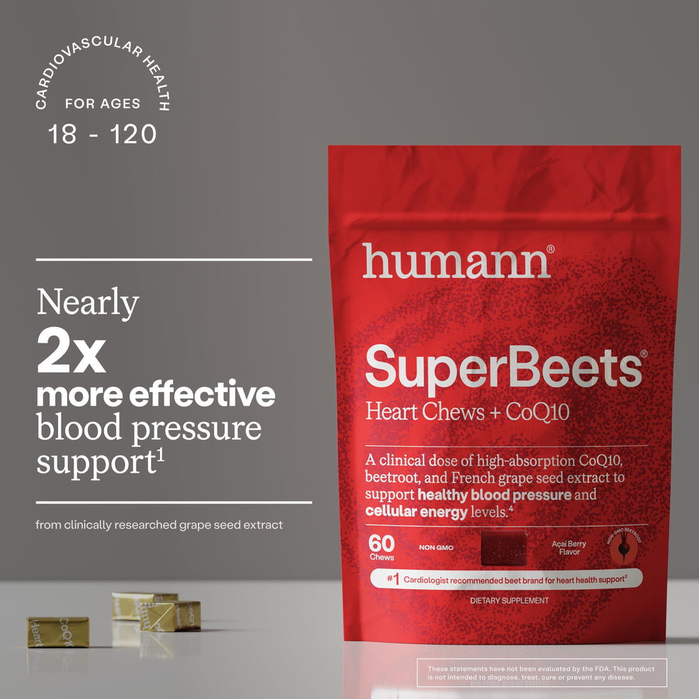 HumanN SuperBeets textura masticable que sugiere absorción mejorada y sabor açaí