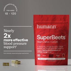 HumanN SuperBeets textura masticable que sugiere absorción mejorada y sabor açaí