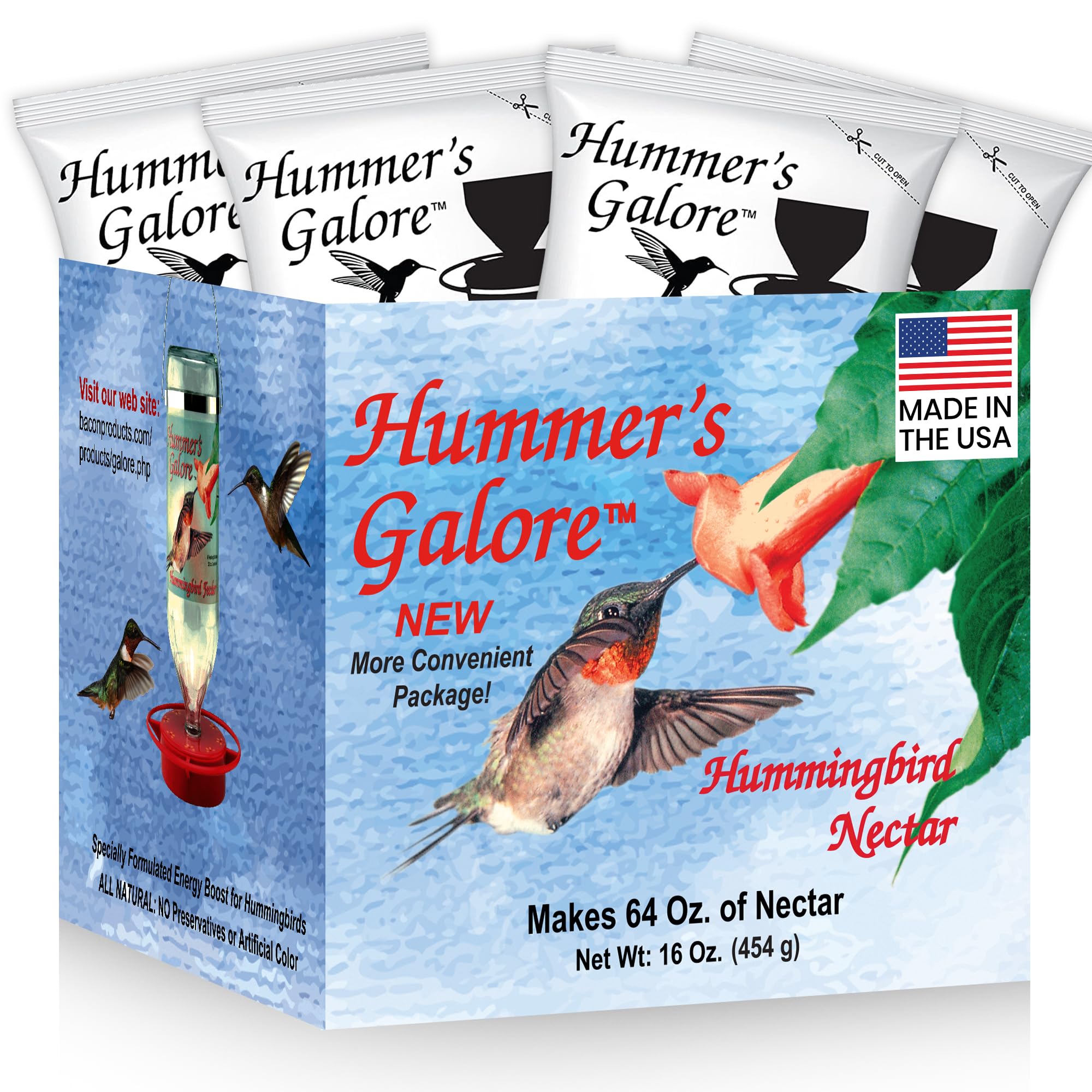 Hummer's Galore frente del empaque mostrando 4 sobres y beneficios de uso