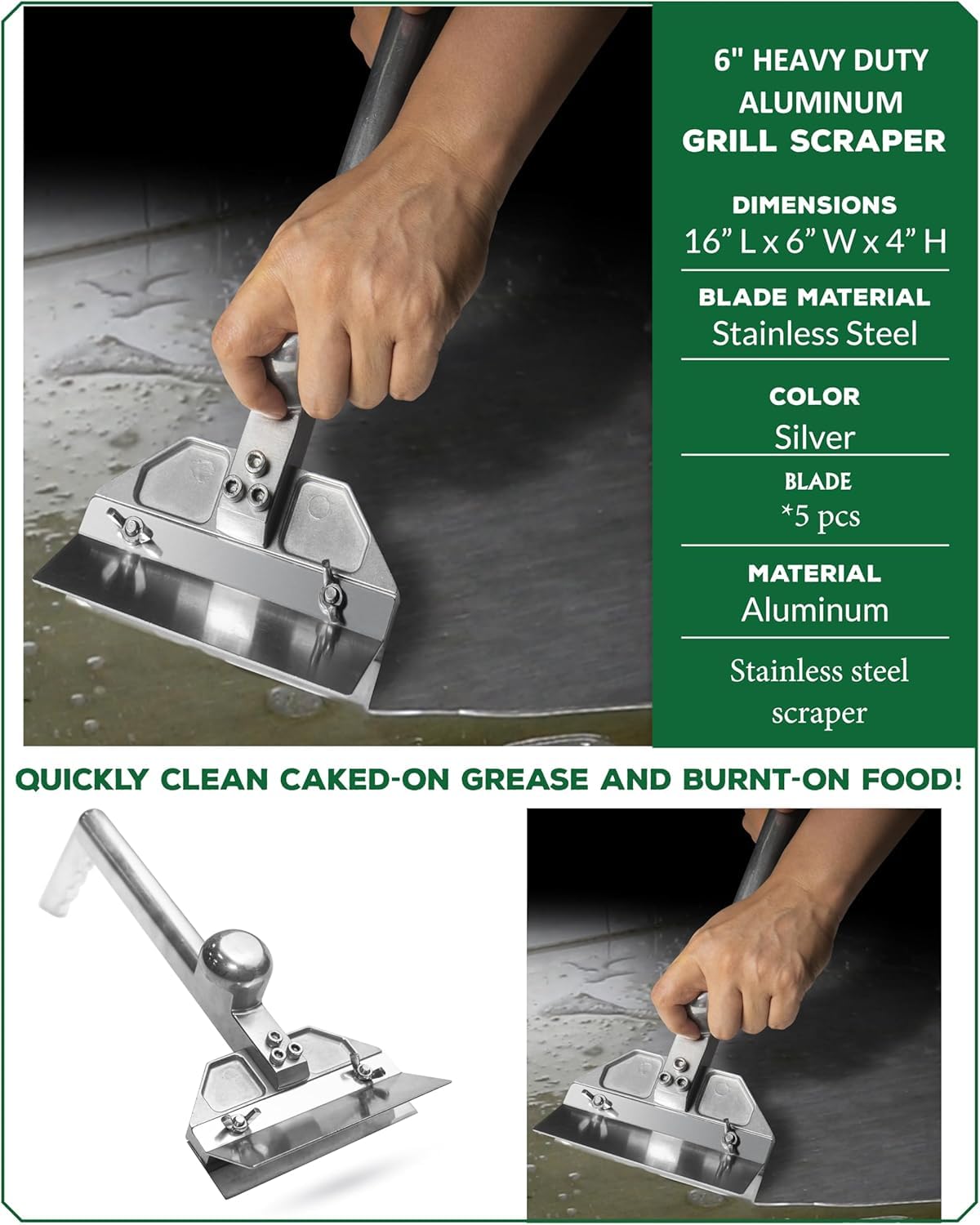 HUOYANSHE scraper in use on flat-top grill removing stuck-on food faster