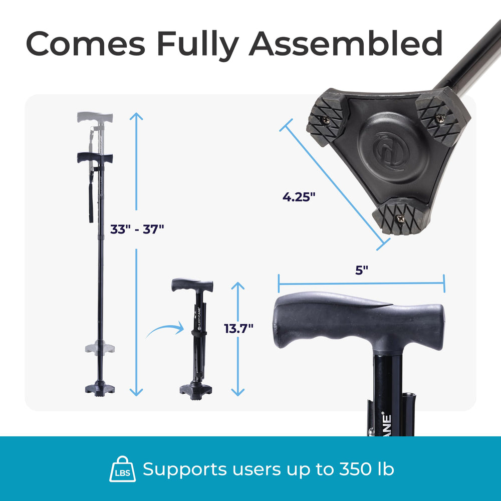 HurryCane al lado de una persona para comparar talla y ajuste