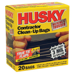 Husky front packaging showing 42-gallon bags and true tie flaps for secure disposal