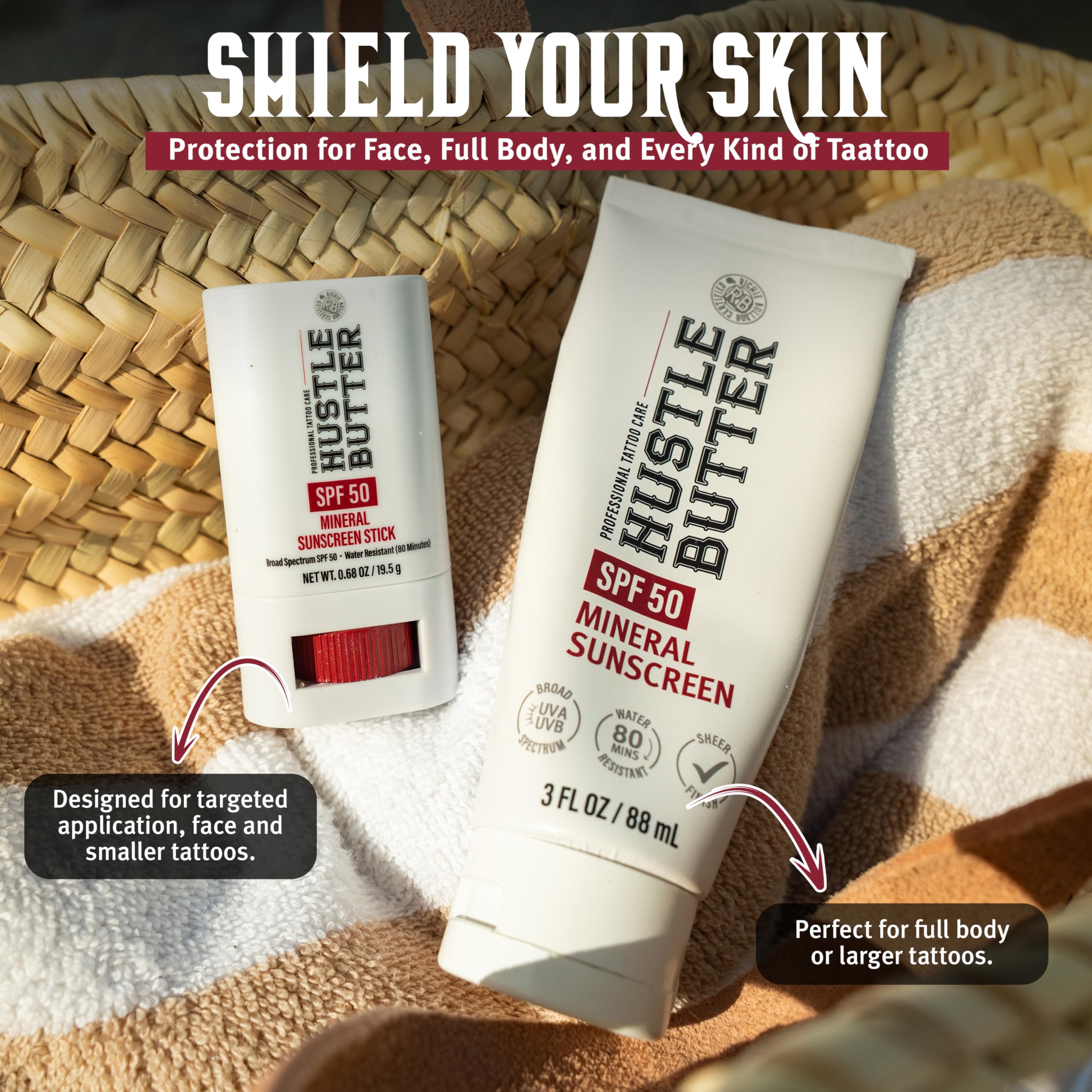 Hustle Butter Deluxe uso en la playa sobre piel tatuada, resistencia al agua hasta 80 minutos