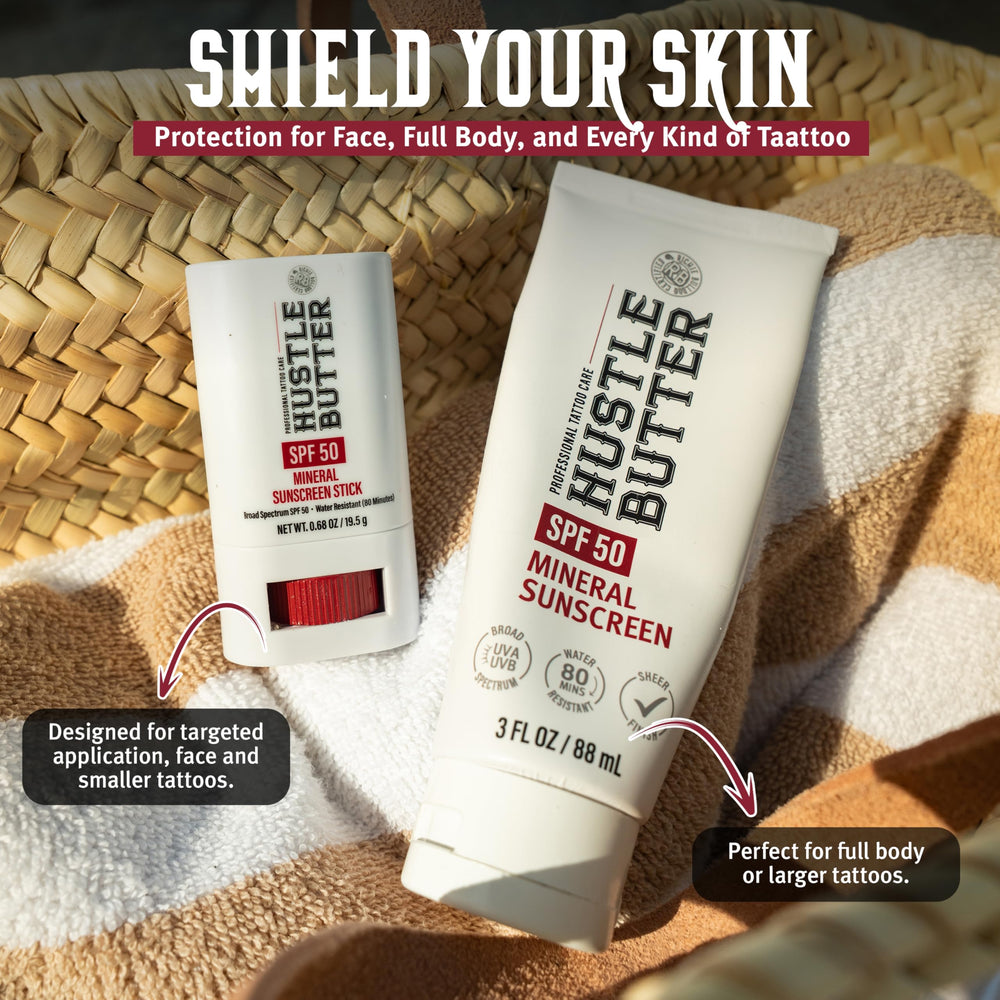 Hustle Butter Deluxe uso en la playa sobre piel tatuada, resistencia al agua hasta 80 minutos