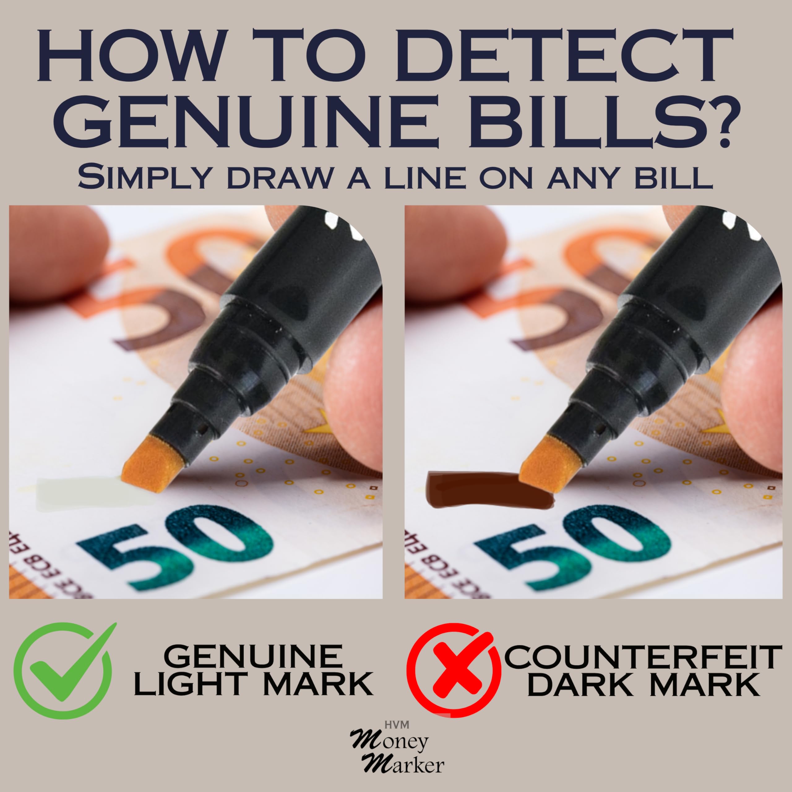 HVM marca visible sobre billete demostrando detección instantánea en caja