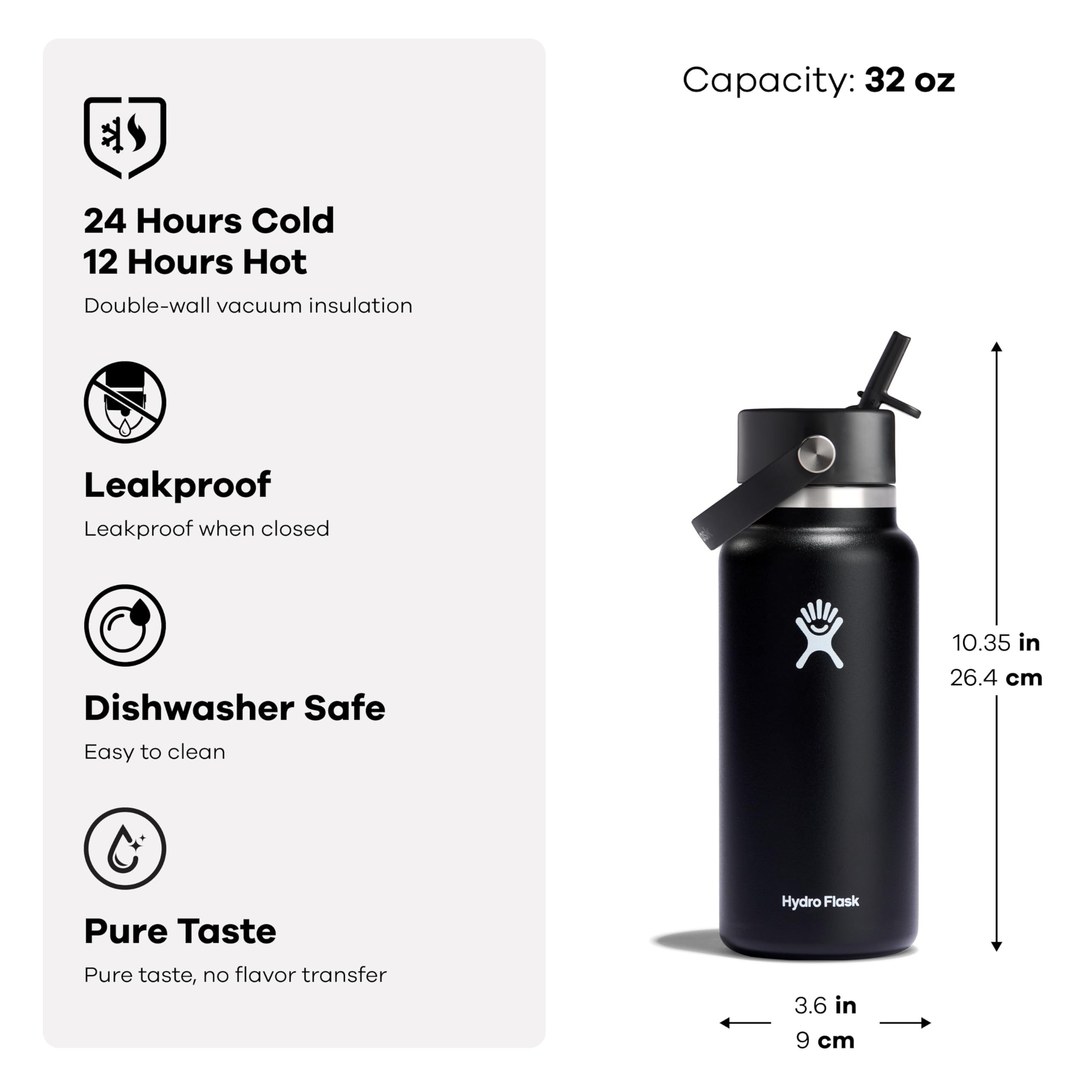 Hydro Flask tamaño 32 oz junto a objetos para comparar escala