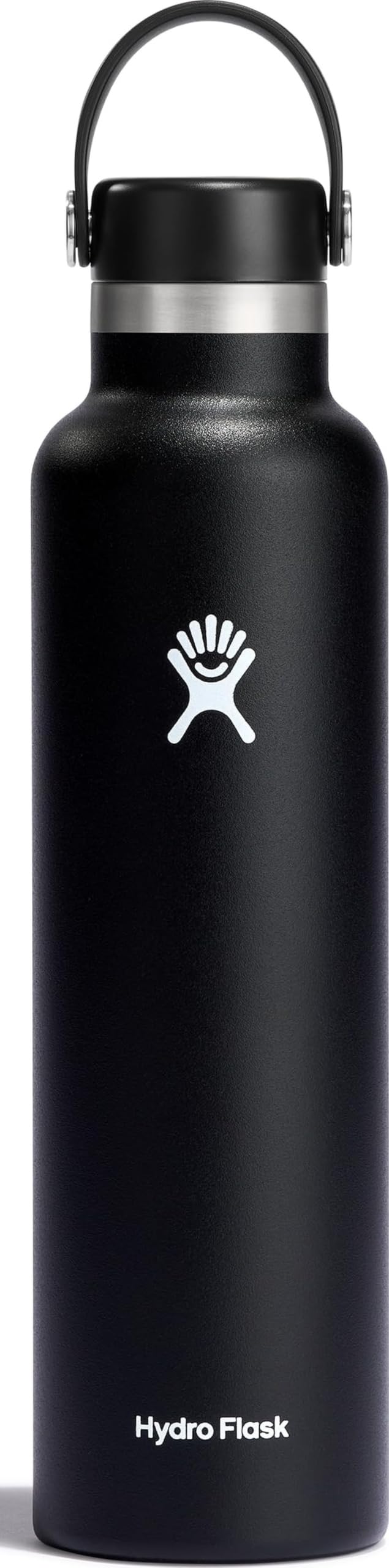 Hydro Flask botella 24 oz negra vista frontal, elegante y portátil