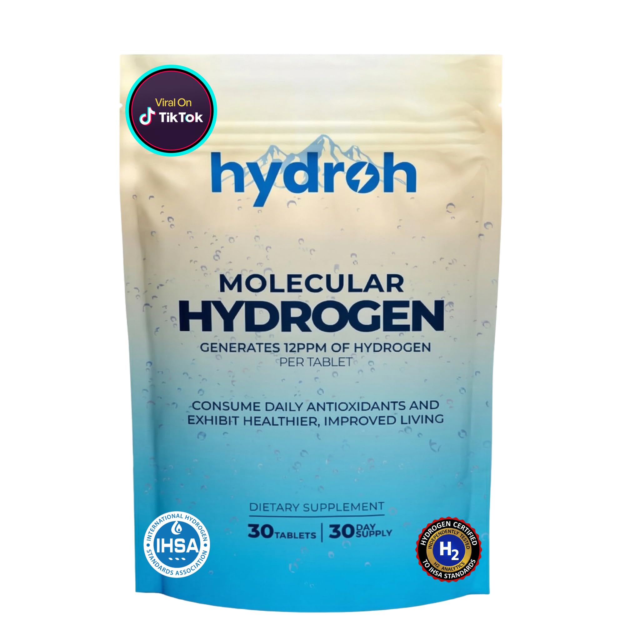 hydroh frasco frontal mostrando tabletas, conveniencia diaria