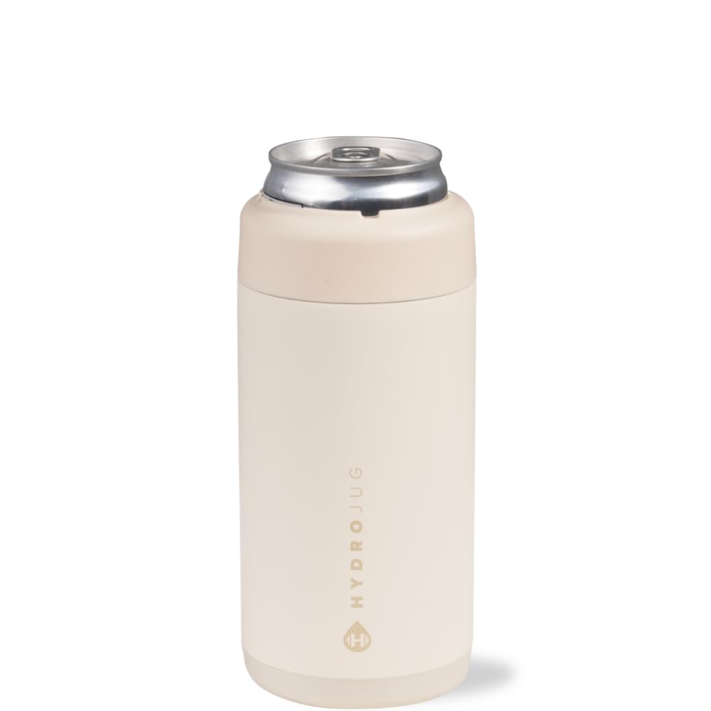 HydroJug vista frontal con lata crema mantiene bebida fría y aspecto elegante