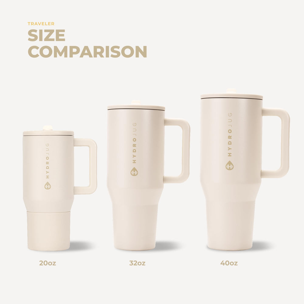 HydroJug Traveler crema comparación de tamaño con una mano para ver la capacidad 32oz