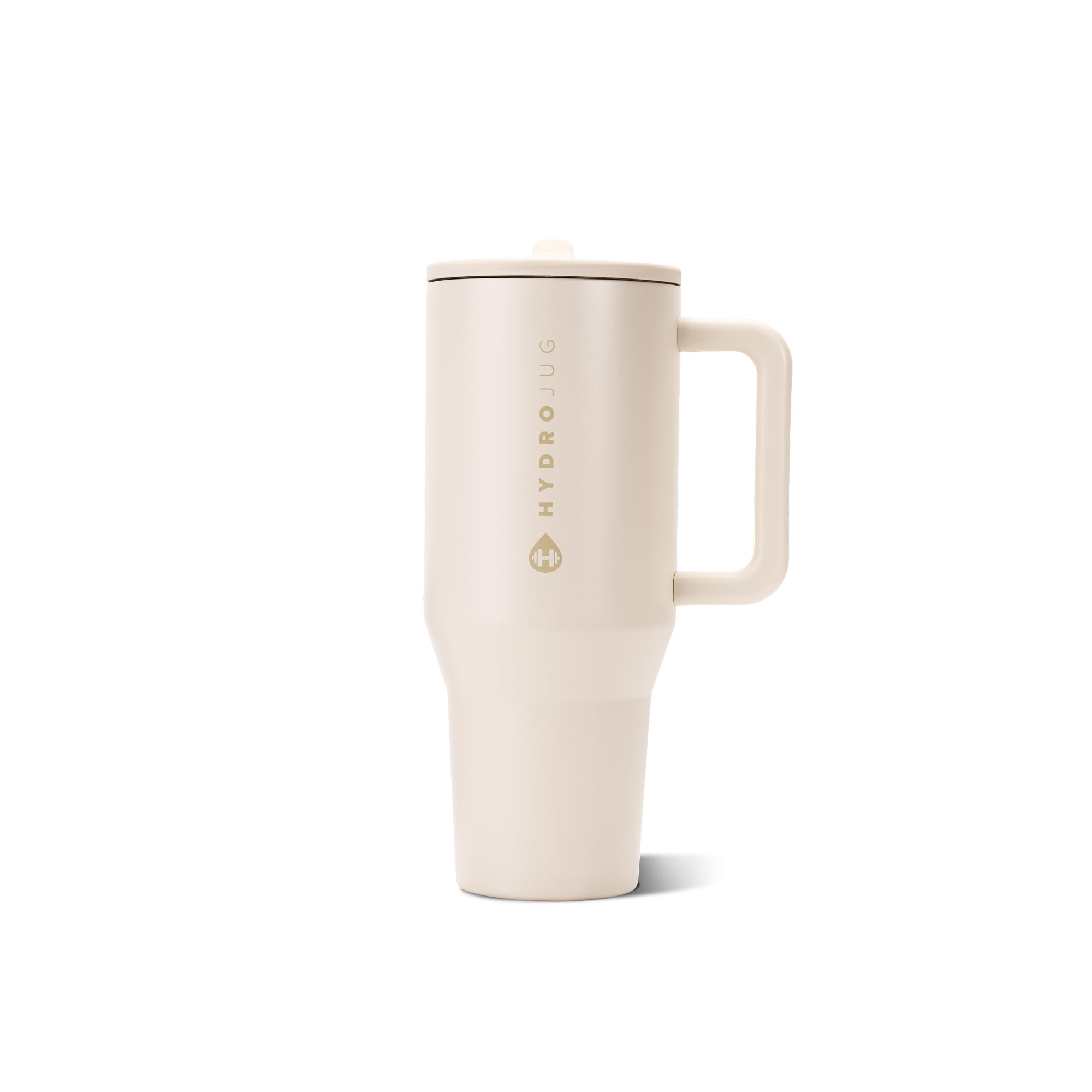 HydroJug Traveler frente crema mostrando diseño y capacidad, ideal para llevar bebidas