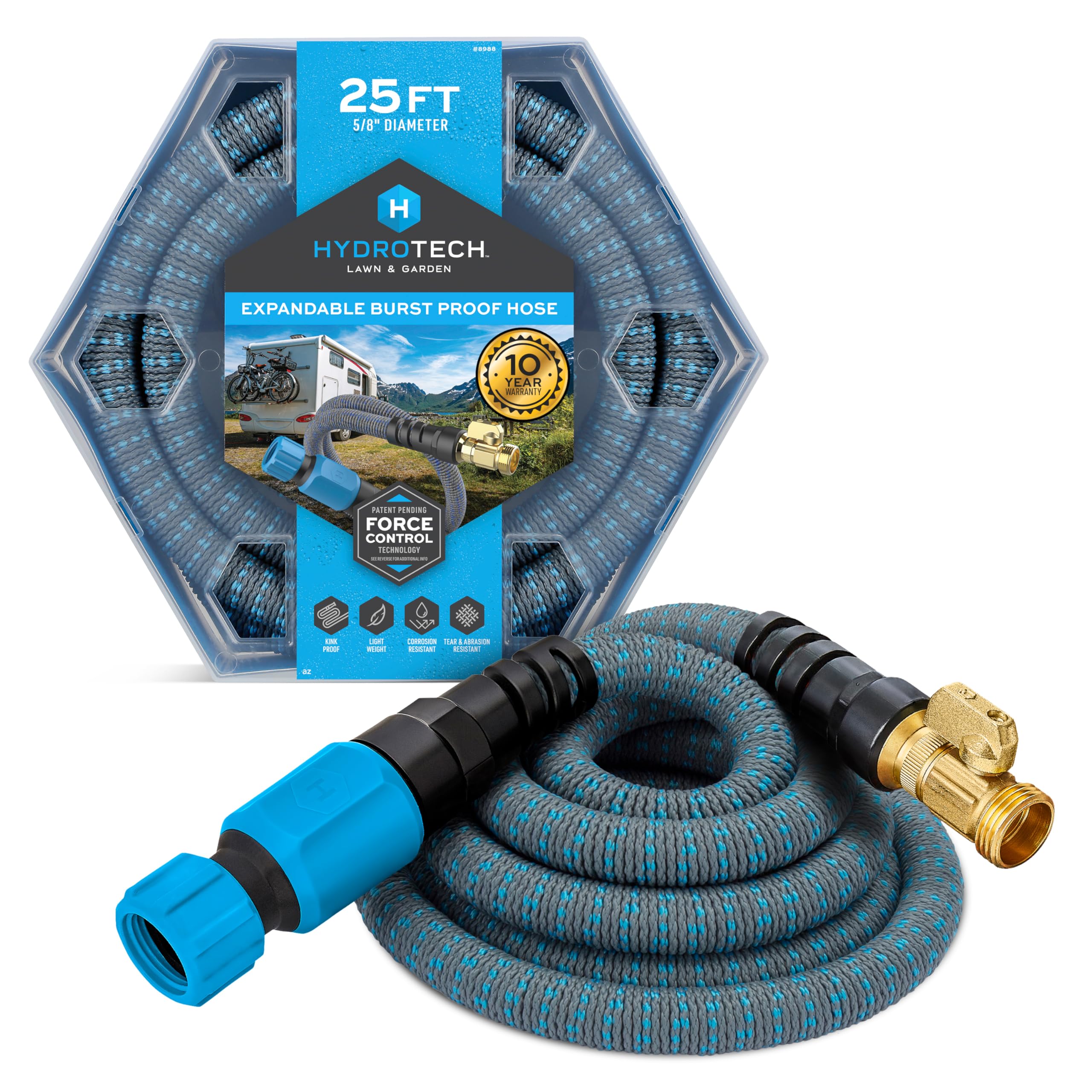 HydroTech manguera expandida frontal mostrando ligereza y longitud