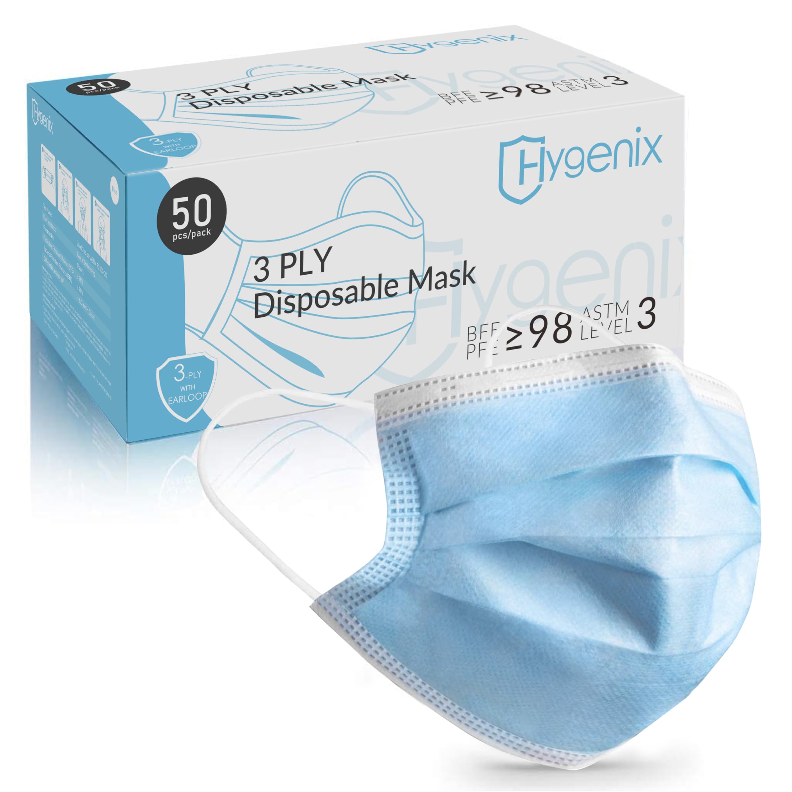 Hygenix frontal del paquete de 50 mascarillas mostrando marca y cantidad