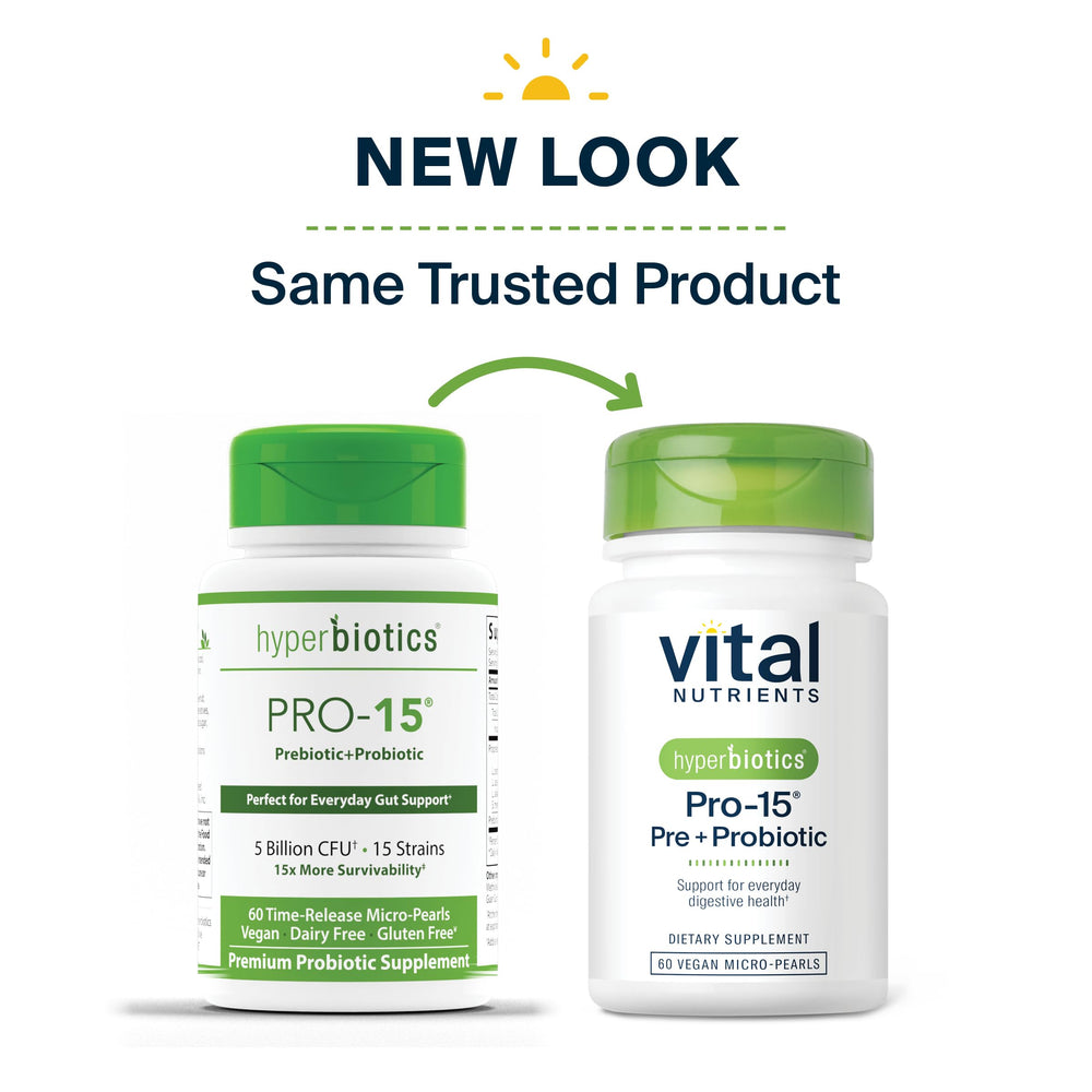 Hyperbiotics bote abierto con 60 perlas visibles listos para uso diario