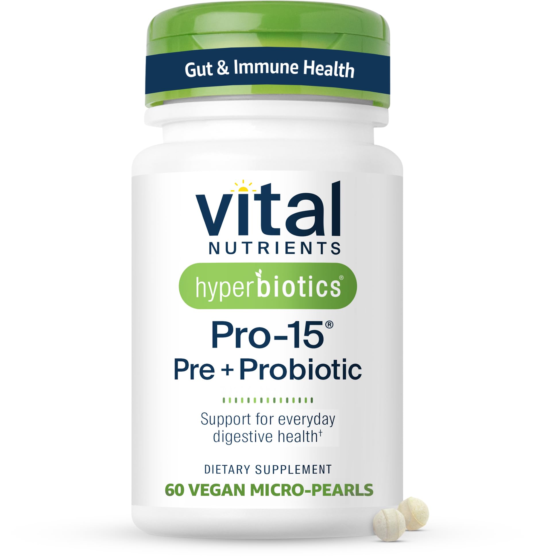 Hyperbiotics frasco frontal mostrando perlas veganas y etiqueta clara