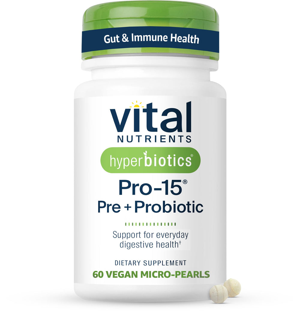 Hyperbiotics frasco frontal mostrando perlas veganas y etiqueta clara