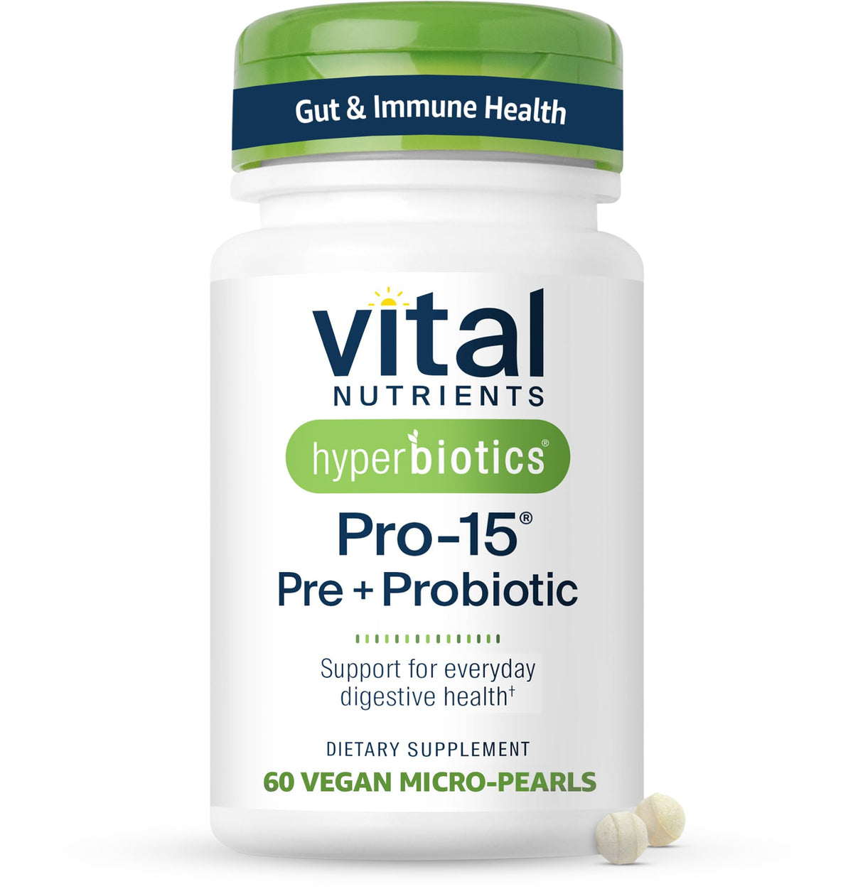 Hyperbiotics frasco frontal mostrando perlas veganas y etiqueta clara