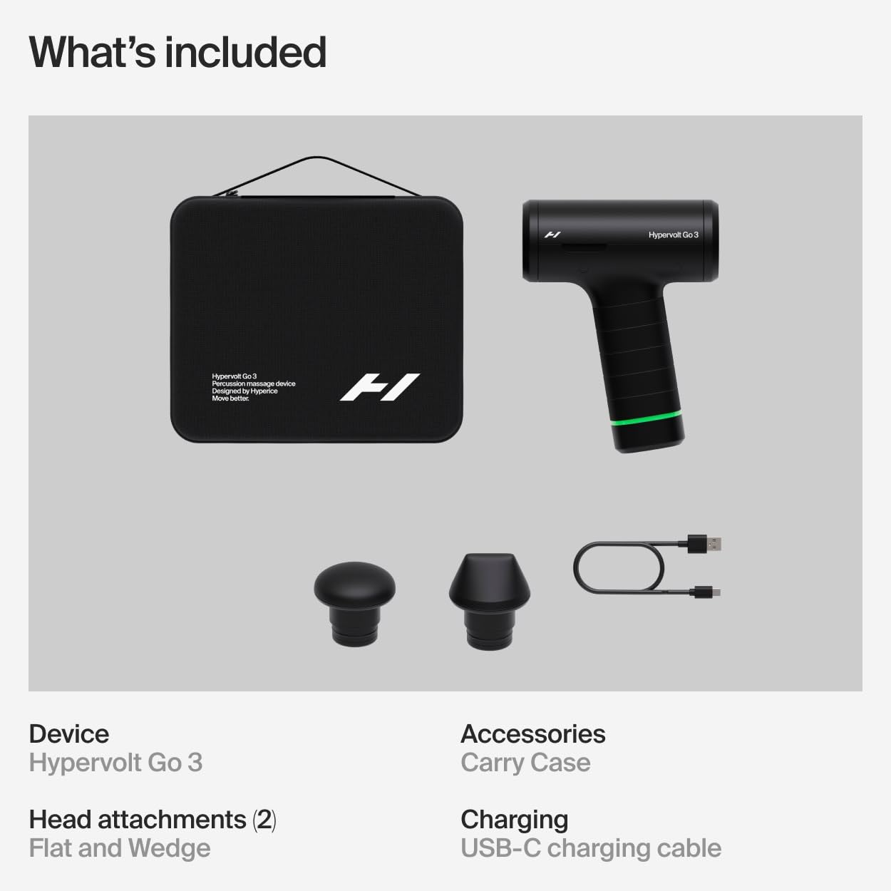 Hyperice Hypervolt Go 3 mostrando puerto USB-C y nivel de batería