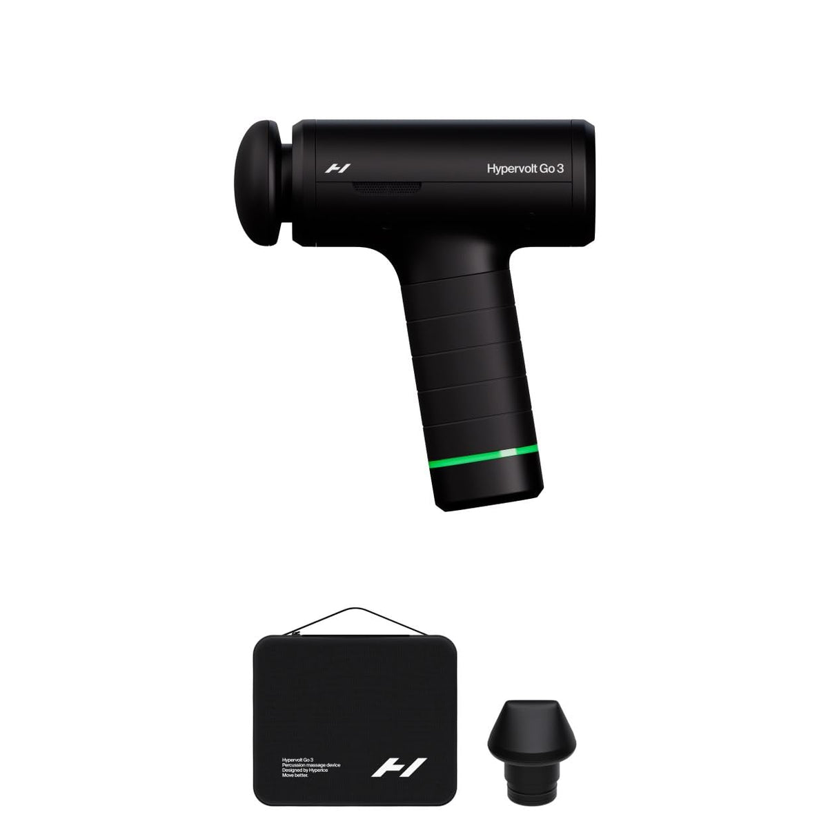Hyperice Hypervolt Go 3 frente en funda portátil, transporte fácil