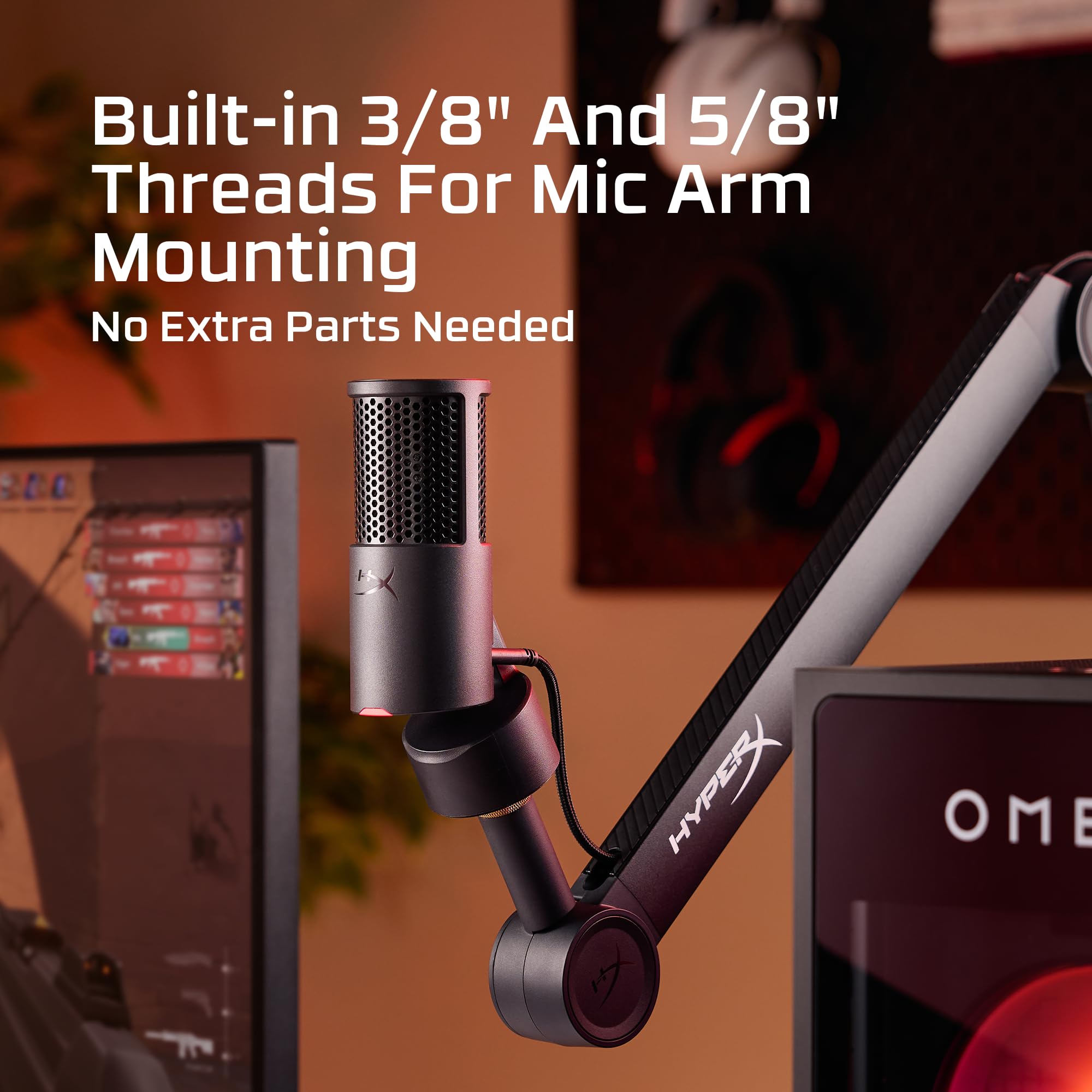 HyperX SoloCast 2 montado en brazo con roscas 3/8" y 5/8" para versatilidad