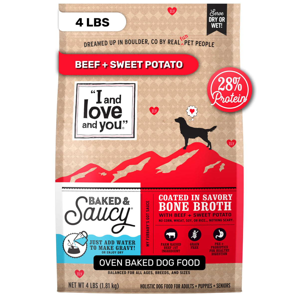 I and Love and You frente del empaque mostrando 4 lb y beneficio de preparación versátil