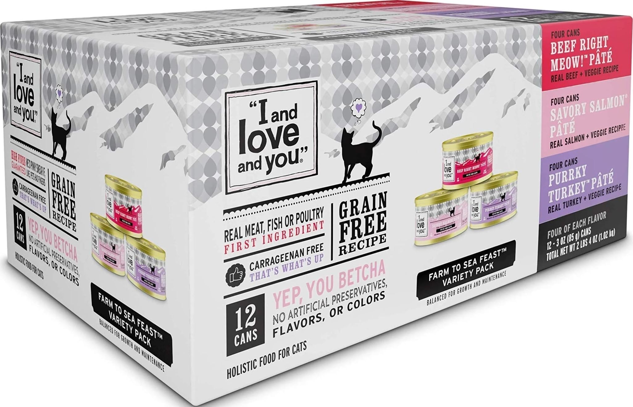 I AND LOVE AND YOU envase frontal mostrando variedad y beneficios nutricionales