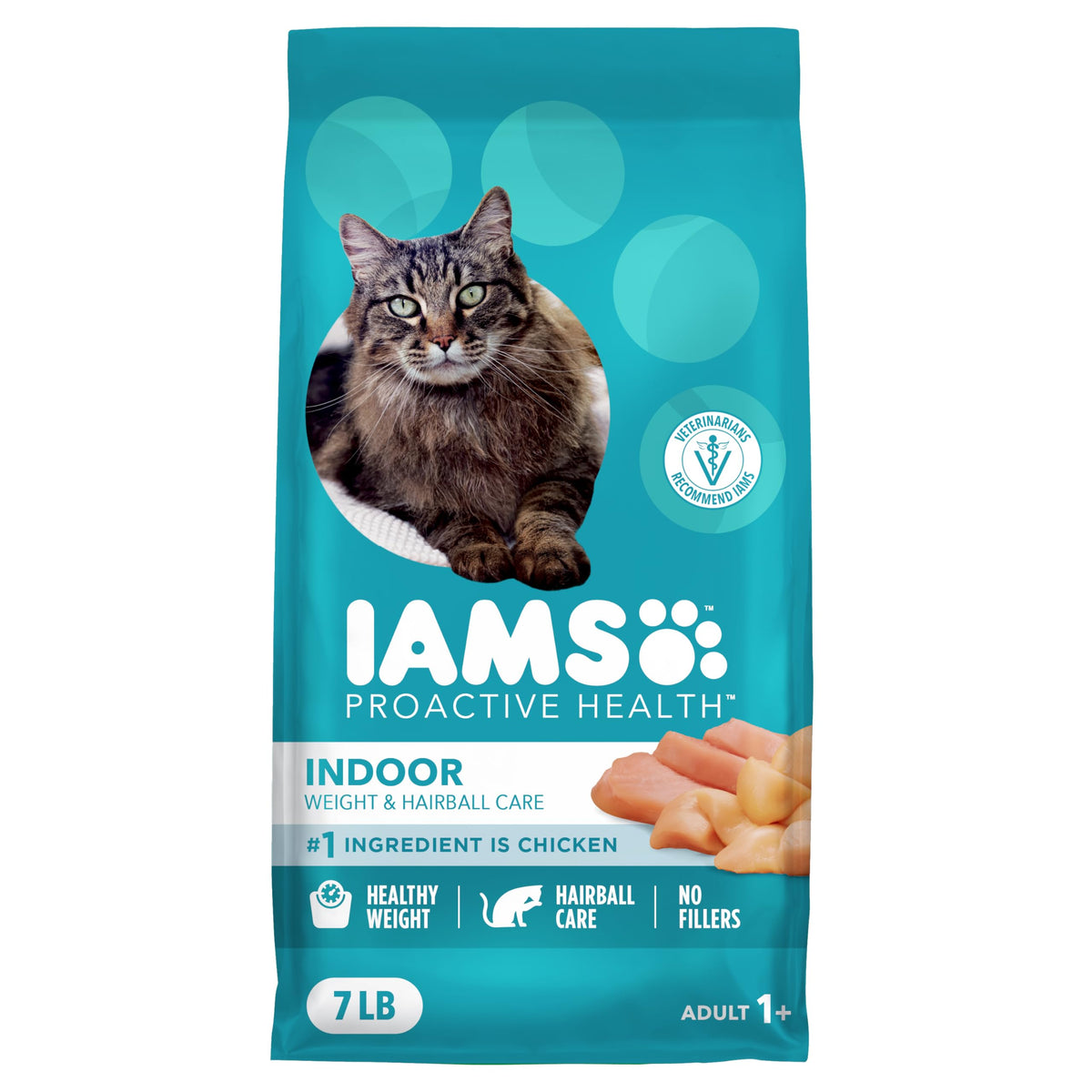 IAMS empaque frontal 7 lb mostrando beneficio control de peso