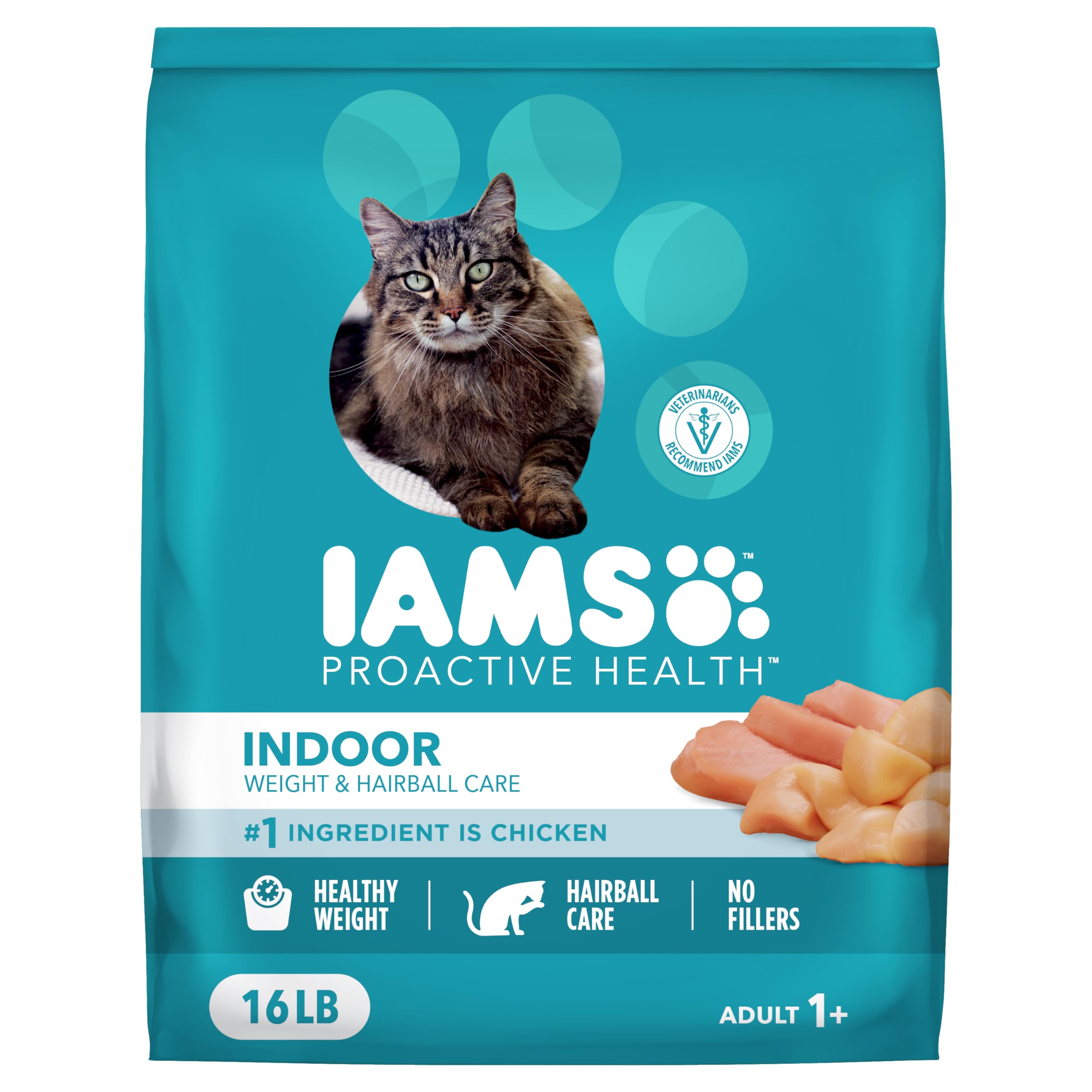IAMS empaque frontal mostrando fórmula para gatos de interior y beneficios