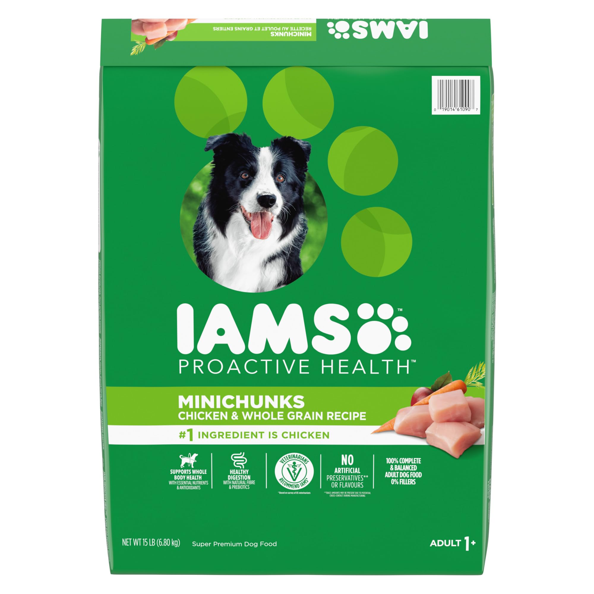IAMS frente del paquete Minichunks mostrando ingredientes y beneficios