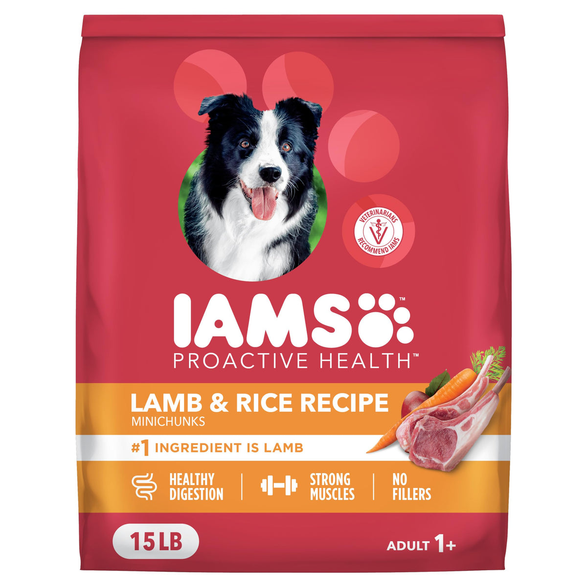 IAMS empaque frontal cordero y arroz mostrando nutrición completa