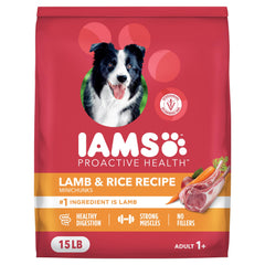 IAMS empaque frontal cordero y arroz mostrando nutrición completa