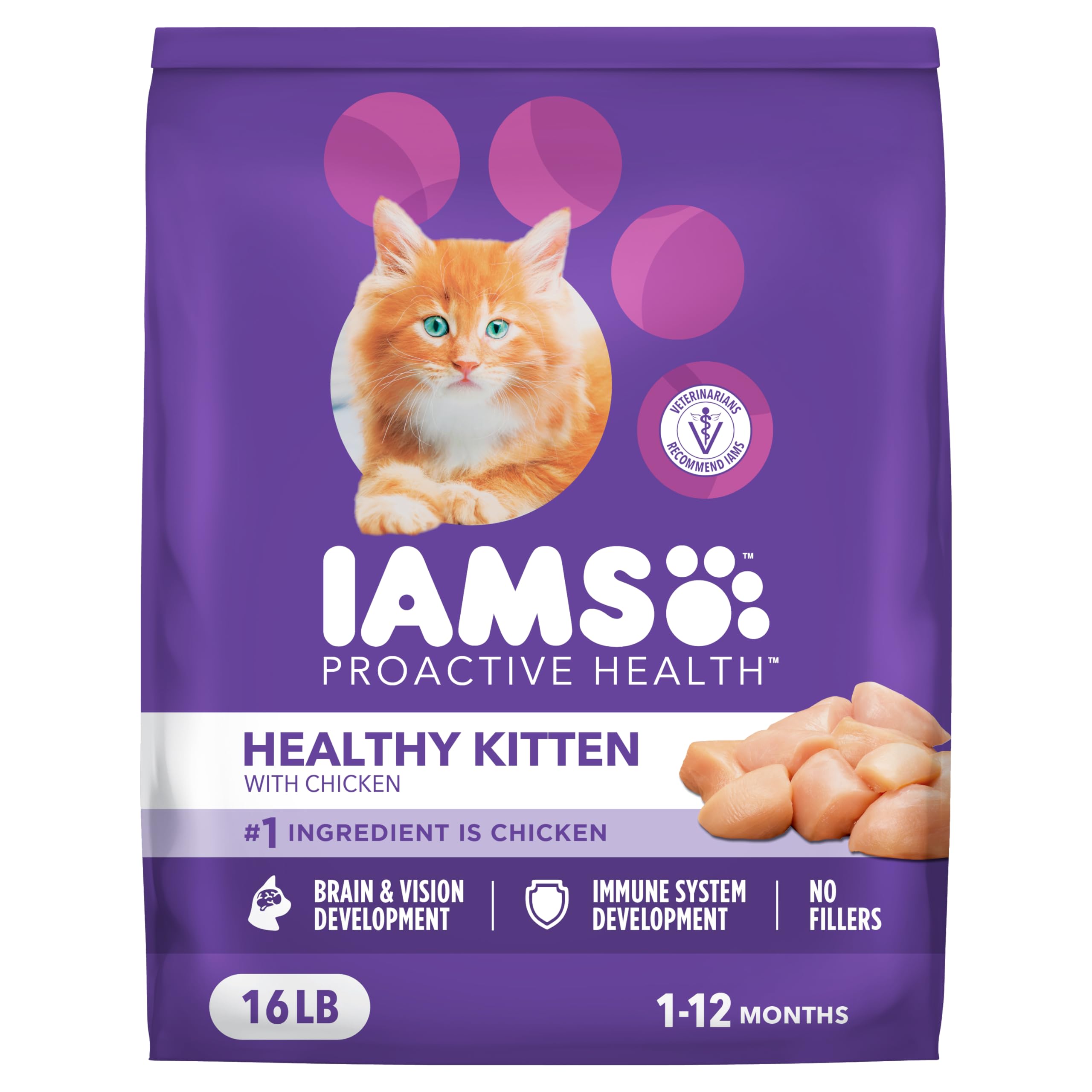 IAMS paquete frontal Healthy Kitten con pollo, nutrición completa visible