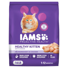 IAMS paquete frontal Healthy Kitten con pollo, nutrición completa visible