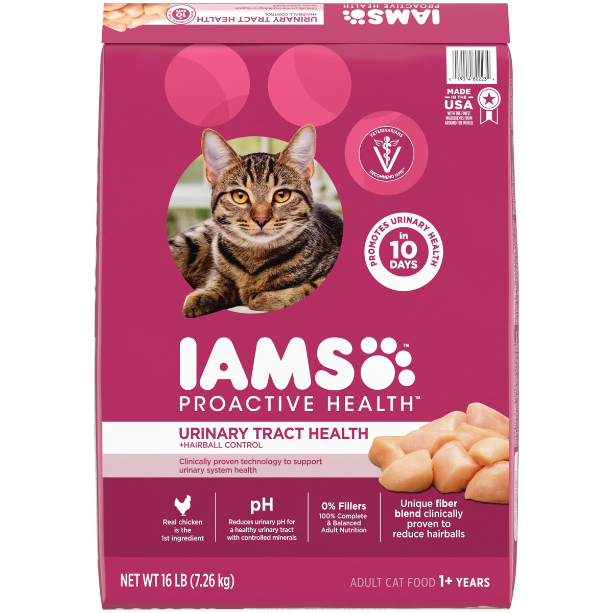 IAMS paquete frontal 16 lb mostrando contenido y ventaja nutricional