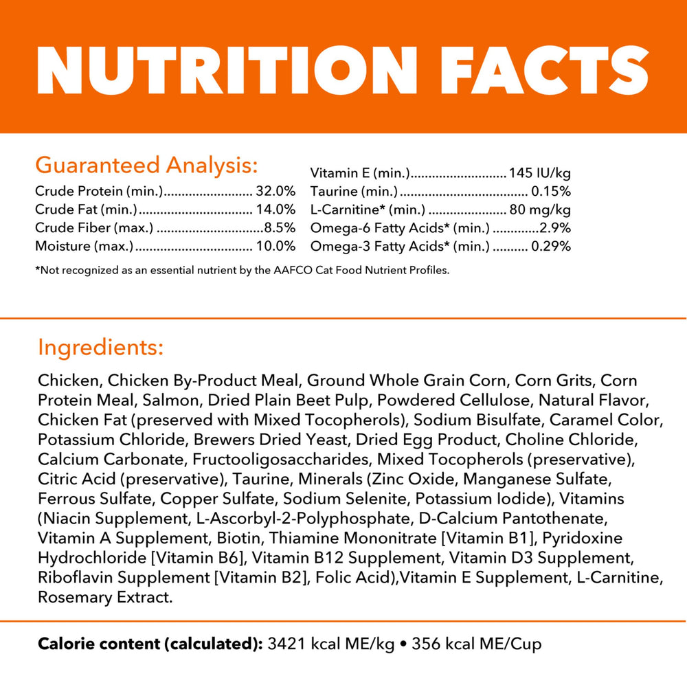 Ingredientes destacados: pollo y salmón junto al pienso IAMS, resalta proteínas reales